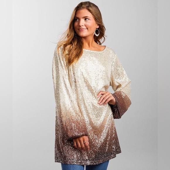 Gimmicks BKE Sequin Ombre Long Sleeve Tunic Top M Medium Cream Brown Oversized - Picture 1 of 11